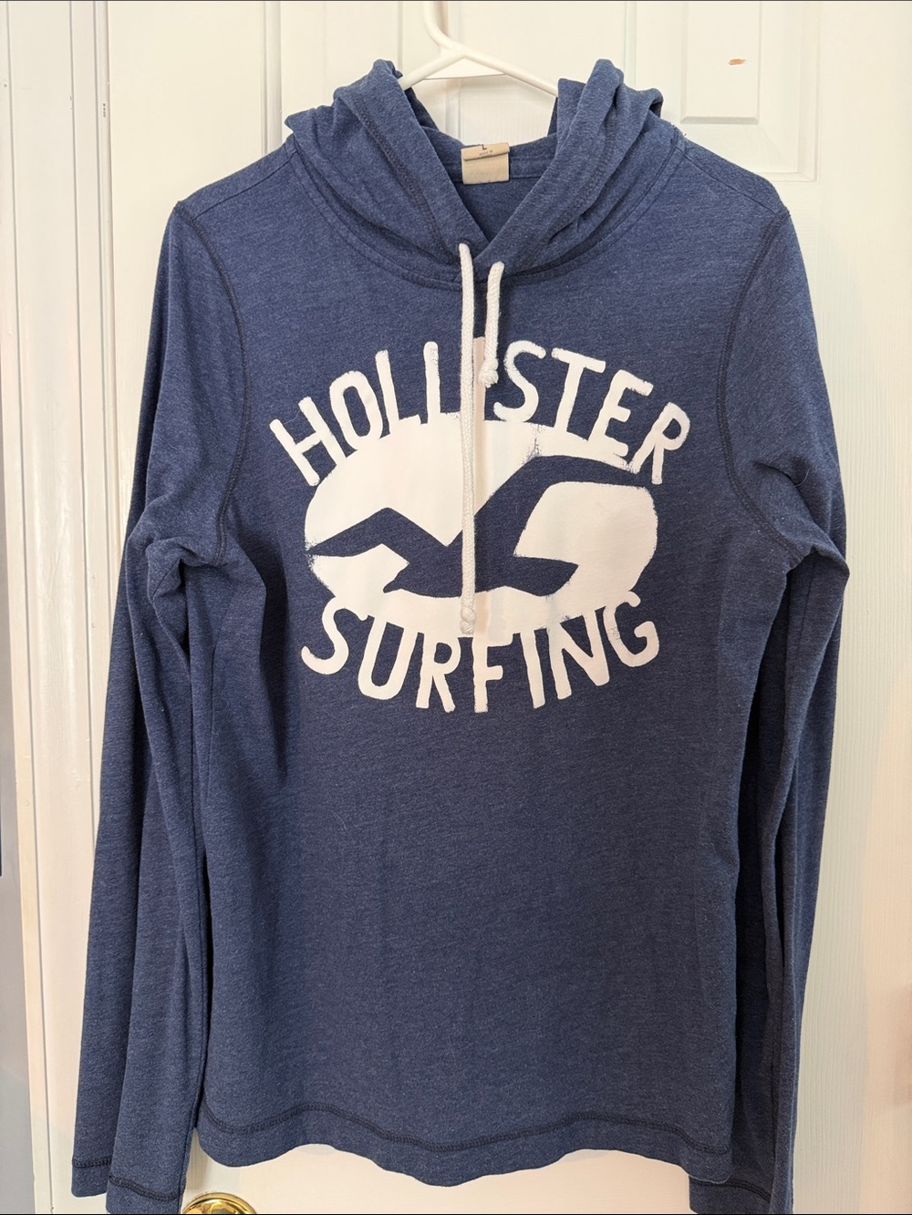 Hollister Men's Blue Crewneck Hoodie with White Surf Logo Size Large